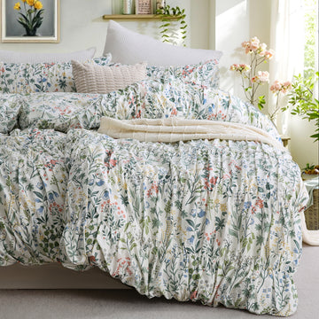 Cozy Flroal Cotton Duvet Cover Set – Soft Breathable 3-Piece Bedding, Romantic Farmhouse Cottage Style