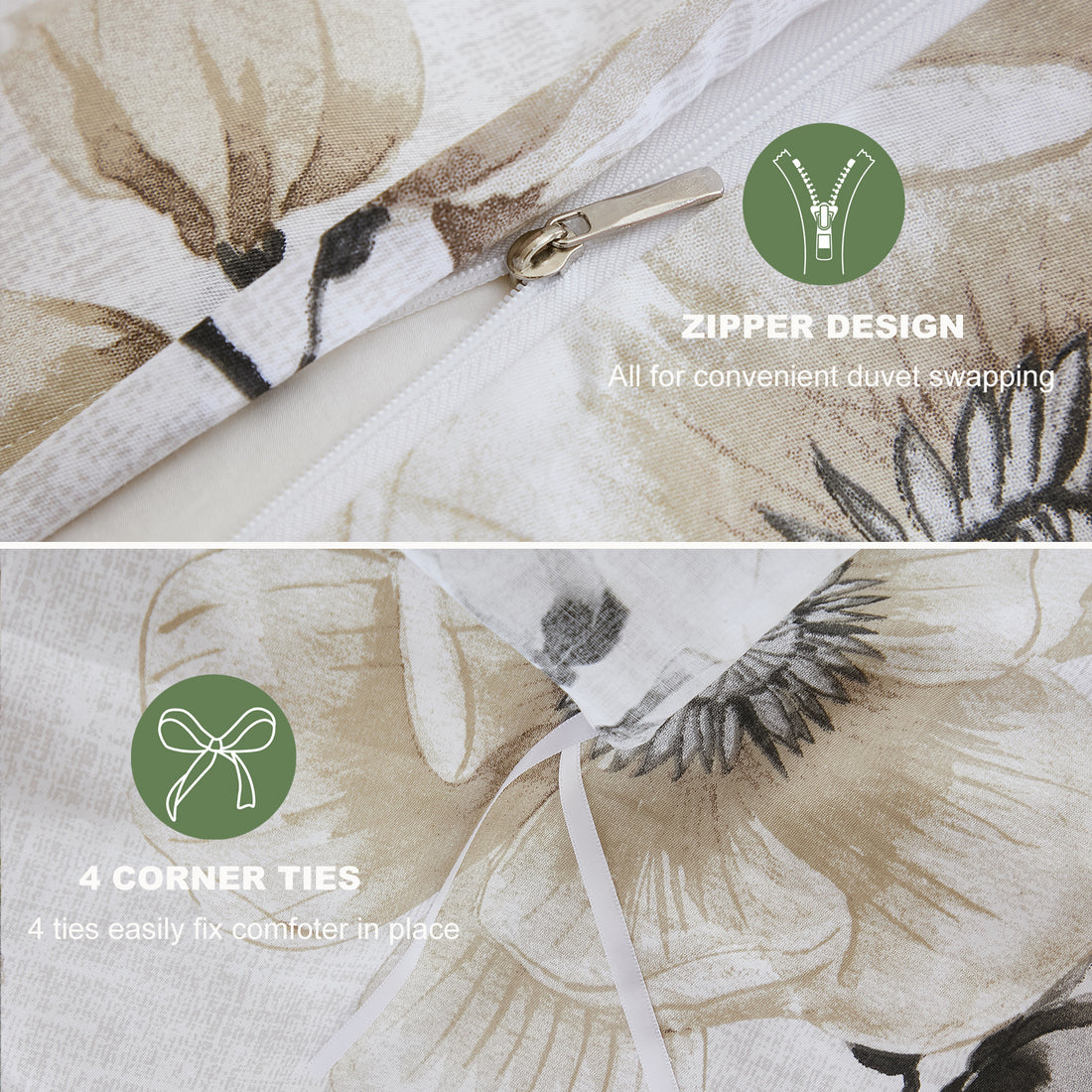 Floral Cotton Duver Cover– 100% Cotton Bedding Set with Elegant Botanical Print, Soft Lightweight All Season Bed Cover, King/Queen