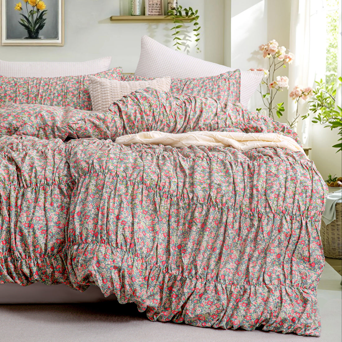 Cozy Flroal Cotton Duvet Cover Set – Soft Breathable 3-Piece Bedding, Romantic Farmhouse Cottage Style