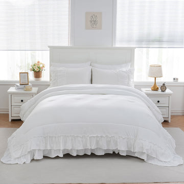 Boho Ruffle Comforter Set – 3-Piece Shabby Chic Bedding with Double-Layer Hand-Sewn Ruffles, Soft Microfiber Quilt for All Seasons