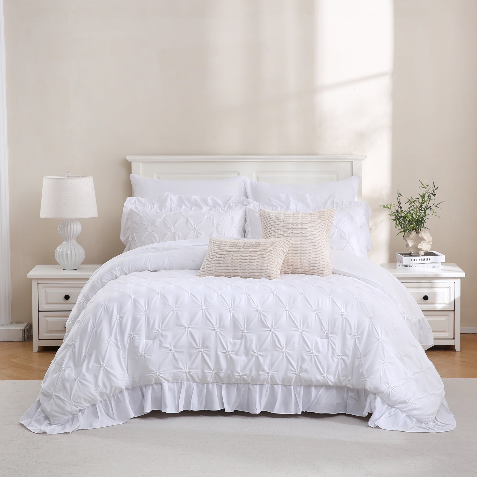 Ruffle Pintuck Comforter Set Bed in a Bag – 10-Piece Farmhouse Shabby Chic Bedding with Sheets, Pillowcases & Decorative Covers, King/Queen
