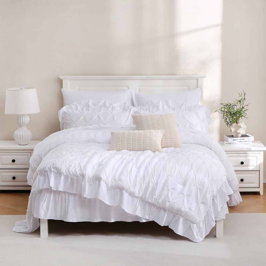 Ruffle Pintuck Comforter Set Bed in a Bag – 10-Piece Farmhouse Shabby Chic Bedding with Sheets, Pillowcases & Decorative Covers, King/Queen