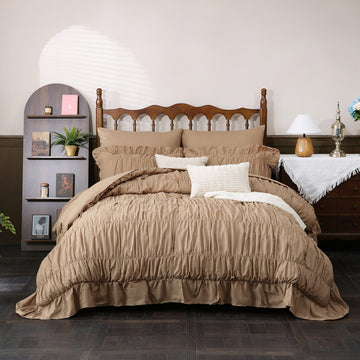 Ruched Comforter Bed in a Bag – 9-Piece Boho Ruffle Bedding with Flat Sheet, Fitted Sheet, Cushion cover, Pillowcases