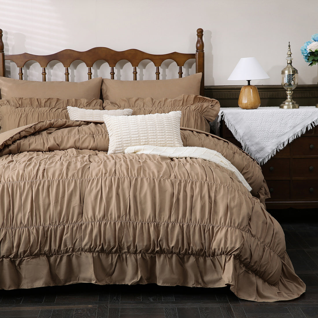 Ruched Comforter Bed in a Bag – 9-Piece Boho Ruffle Bedding with Flat Sheet, Fitted Sheet, Cushion cover, Pillowcases