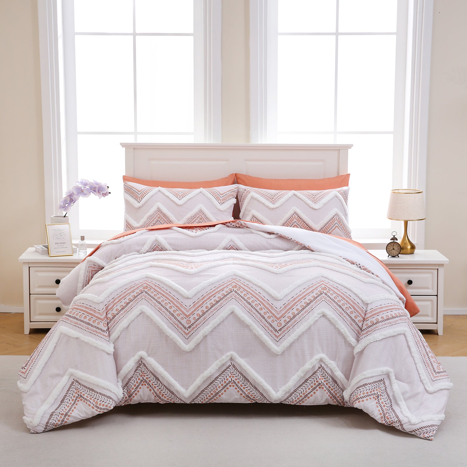 7-Piece Tufted Comforter Set Bed in a Bag – Boho Aztec Chic Bedding with Sheets & Pillowcases, Soft Lightweight Quilt, King/Queen Options