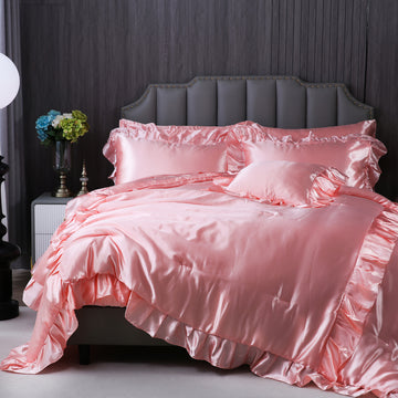 Satin Ruffle Comforter Set with Sheets – 8-Piece Bed in a Bag, Luxury Silk-Like Soft Bedding with Pillowcases & Cushion Cover, Queen/King/Full