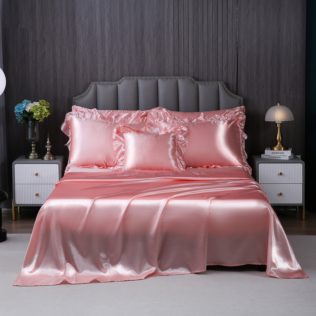 Satin Ruffle Comforter Set with Sheets – 8-Piece Bed in a Bag, Luxury Silk-Like Soft Bedding with Pillowcases & Cushion Cover, Queen/King/Full