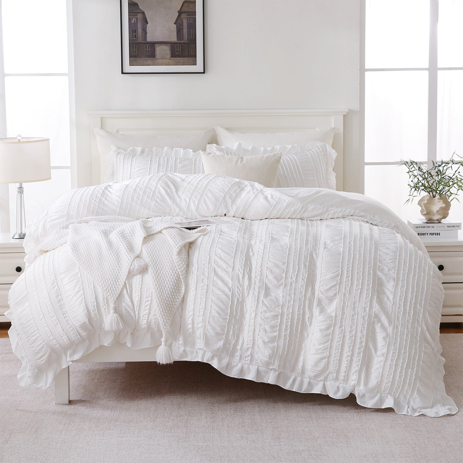 Ruffle Comforter Set – Soft Seersucker Textured Bedding with Elegant Farmhouse Boho Style, Lightweight Quilt 3-Piece, King/Queen Options
