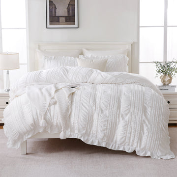 Ruffle Comforter Set – Soft Seersucker Textured Bedding with Elegant Farmhouse Boho Style, Lightweight Quilt 3-Piece, King/Queen Options