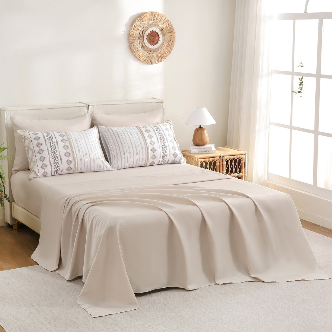 Tufted Boho Comforter Set Bed in a Bag – 7-Piece Aztec Farmhouse Bedding with Sheets & Pillowcases, Soft Microfiber Quilt, Full/Queen/King