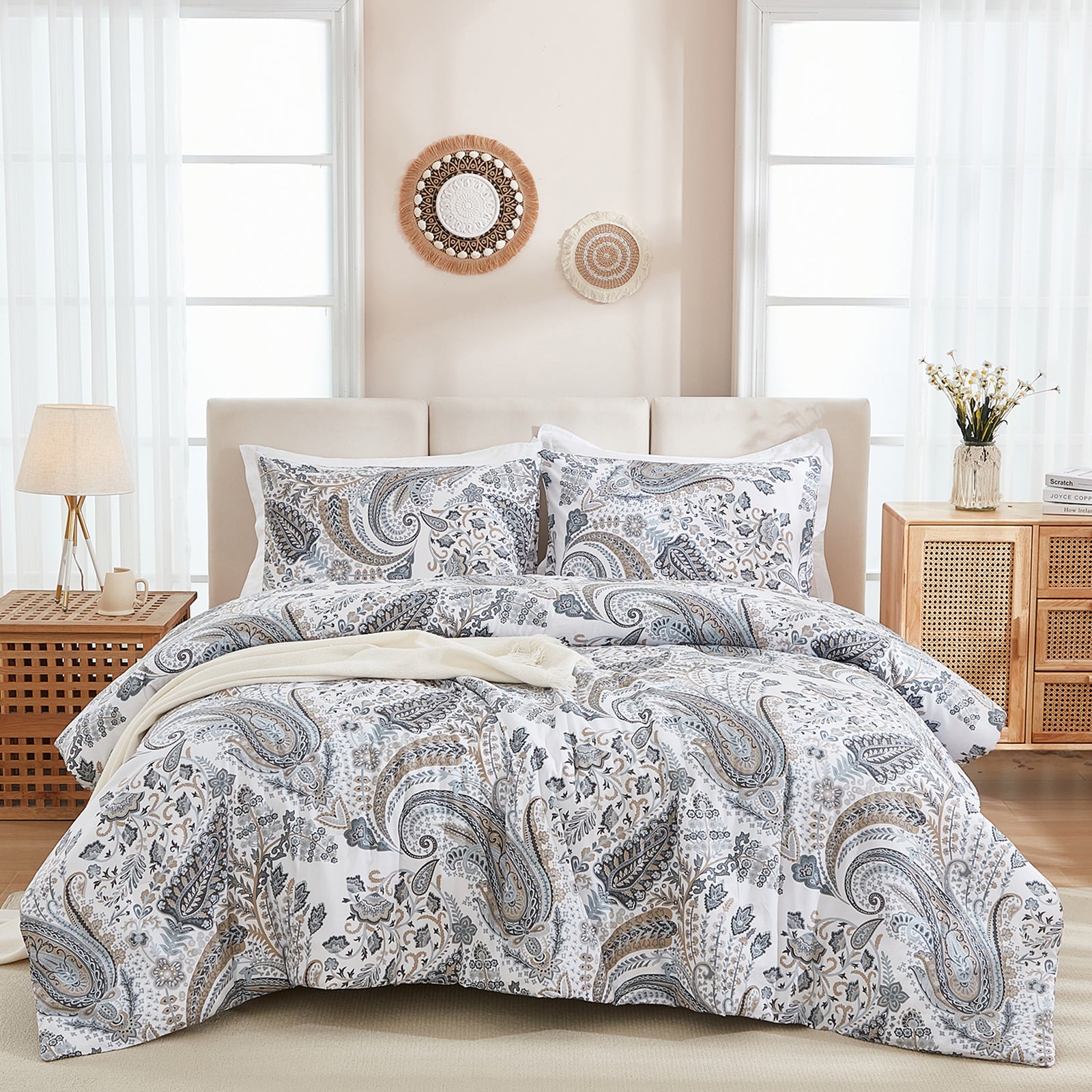 Cotton Comforter Set – 3-Piece Reversible Bedding with Soft Breathable 100% Cotton Shell, Lightweight All-Season Quilt, Queen/King