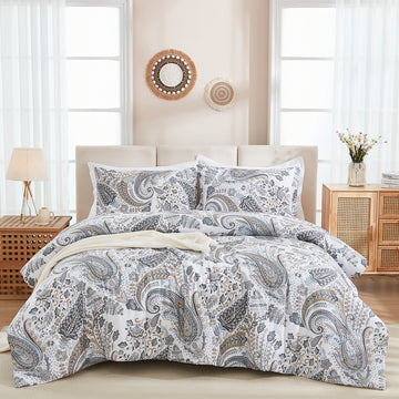 Cotton Comforter Set – 3-Piece Reversible Bedding with Soft Breathable 100% Cotton Shell, Lightweight All-Season Quilt, Queen/King