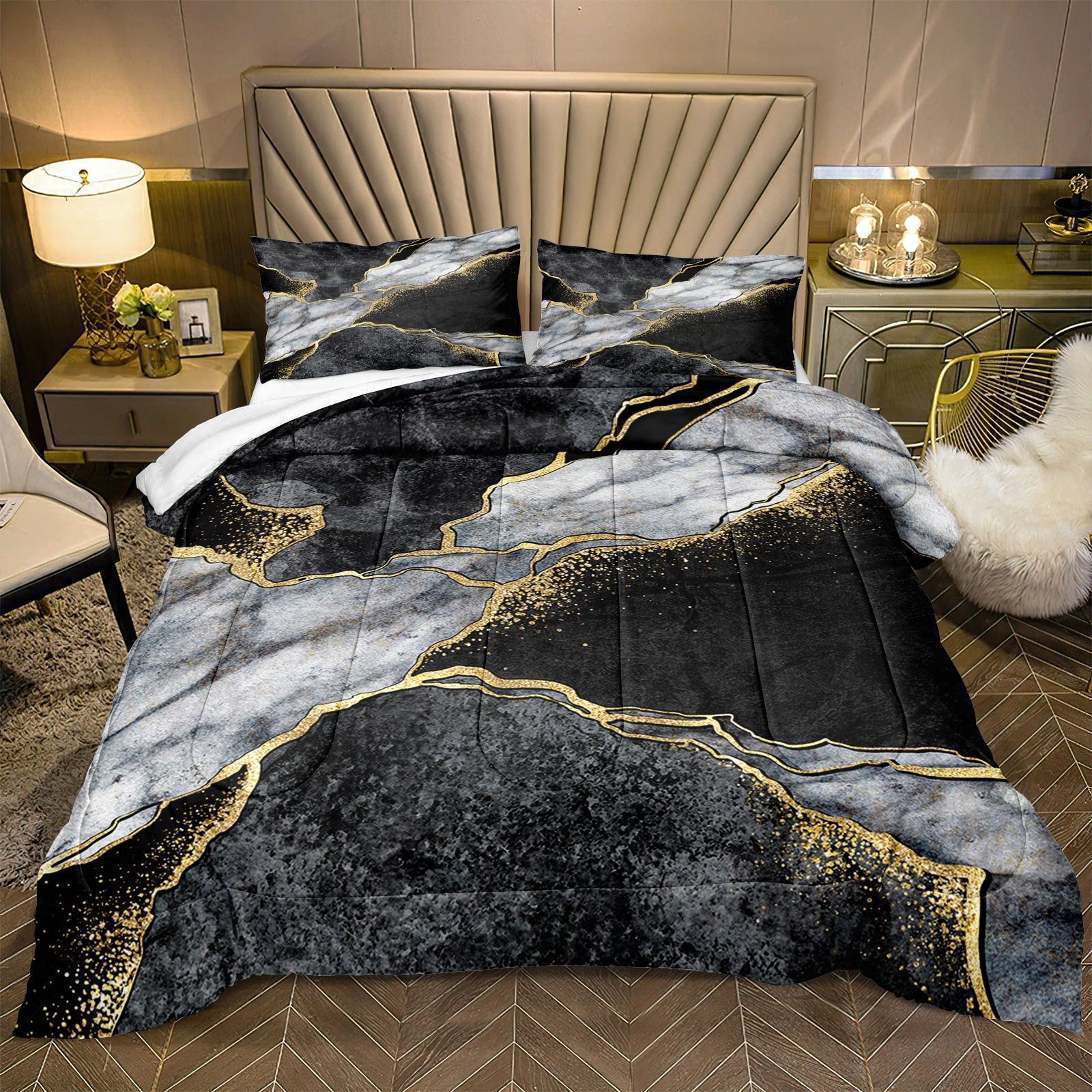 Marble Comforter Set – Black White Gold Abstract Print Boho Hippie Bedding, Ultra Soft Lightweight All Season Quilt