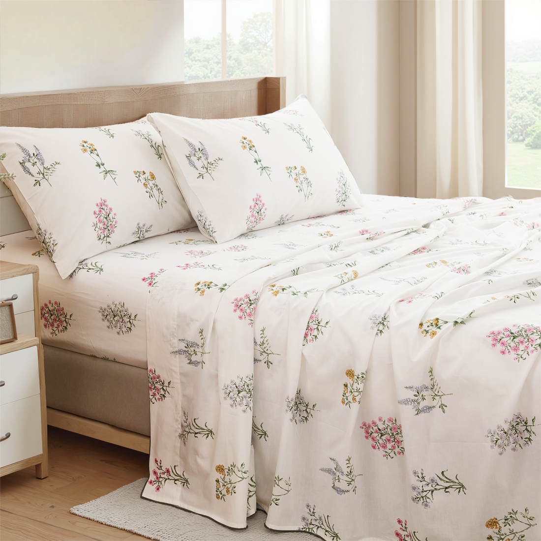 Floral Patchwork Cotton Percale Sheets Set - Crisp Cooling 4-Piece Bedding with 17.5in Deep Pocket Fitted Sheet, Soft Breathable