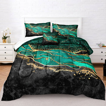 Marble Comforter Set – 3-Piece Abstract Stone Texture Bedding with Pillowcases, Black Green Gold Modern Boho Style