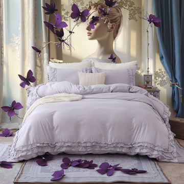 Cozy Cotton Duvet Cover Set – Soft Breathable 3-Piece Bedding with Double Ruffle Edge, Romantic Farmhouse Cottage Style