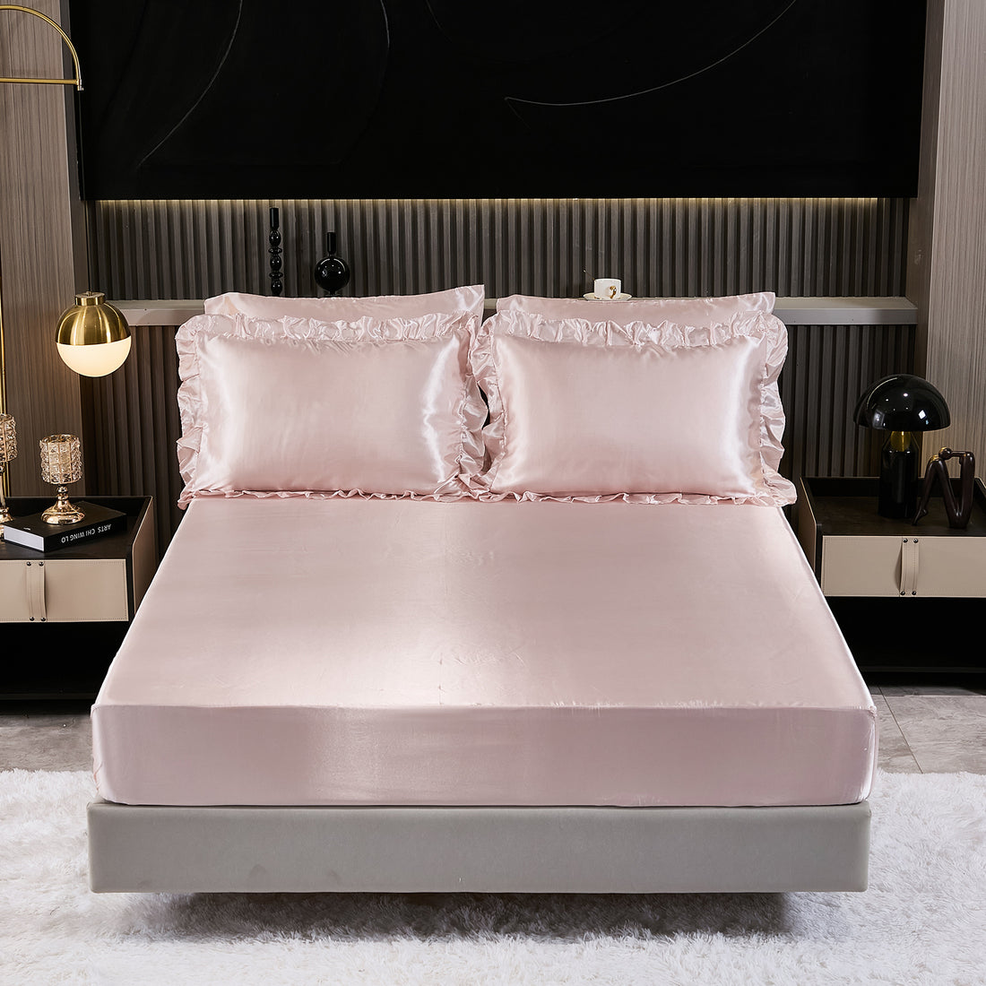 Silky Satin Comforter Set with Sheet Set, Ruffle Pinch Pleat Bedding, Luxury Soft Hotel Satin Quilt Set with Cushion Cover