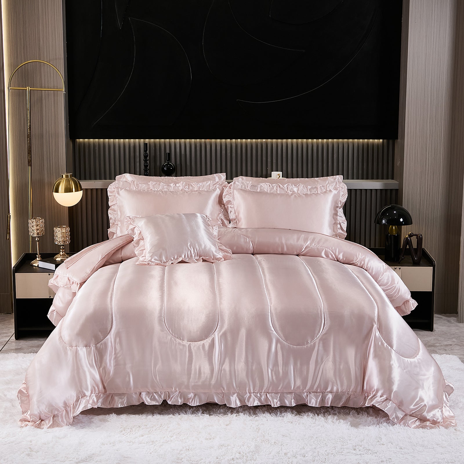 Silky Satin Comforter Set with Sheet Set, Ruffle Pinch Pleat Bedding, Luxury Soft Hotel Satin Quilt Set with Cushion Cover