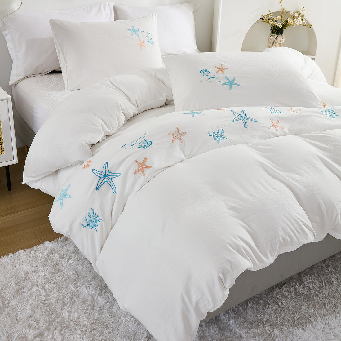 Seastar  Embroidery Comforter Set – Soft Breathable 3-Piece Bedding, Romantic Farmhouse Cottage Style