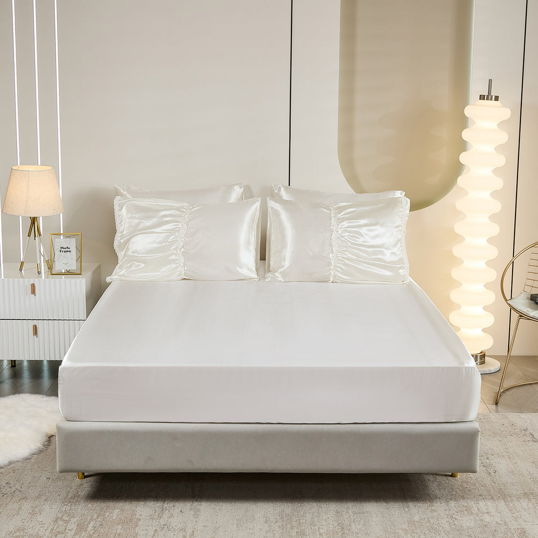 Satin Comforter Set with Sheet Set –Like Bed in a Bag, Ruffled Pinch Pleat Bedding, Luxury Soft Silky Quilt Set with Cushion Cover