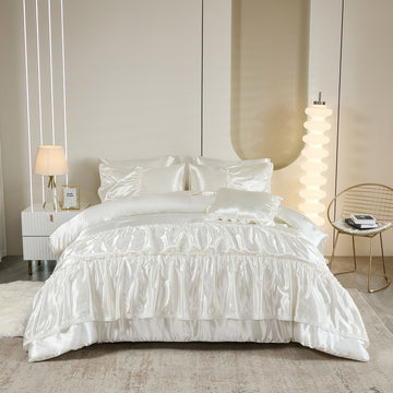 Satin Comforter Set with Sheet Set –Like Bed in a Bag, Ruffled Pinch Pleat Bedding, Luxury Soft Silky Quilt Set with Cushion Cover