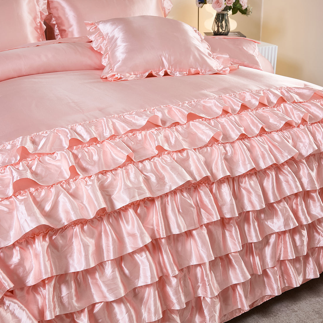 Satin Ruffle Comforter Set Bed in a Bag – 6/8-Piece Luxury Waterfall Bedding with Sheets, Pillowcases & Cushion Cover, Soft Silky Quilt