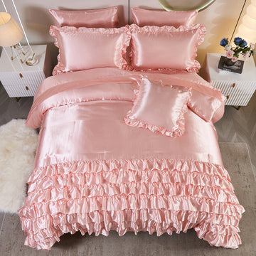 Satin Ruffle Comforter Set Bed in a Bag – 6/8-Piece Luxury Waterfall Bedding with Sheets, Pillowcases & Cushion Cover, Soft Silky Quilt