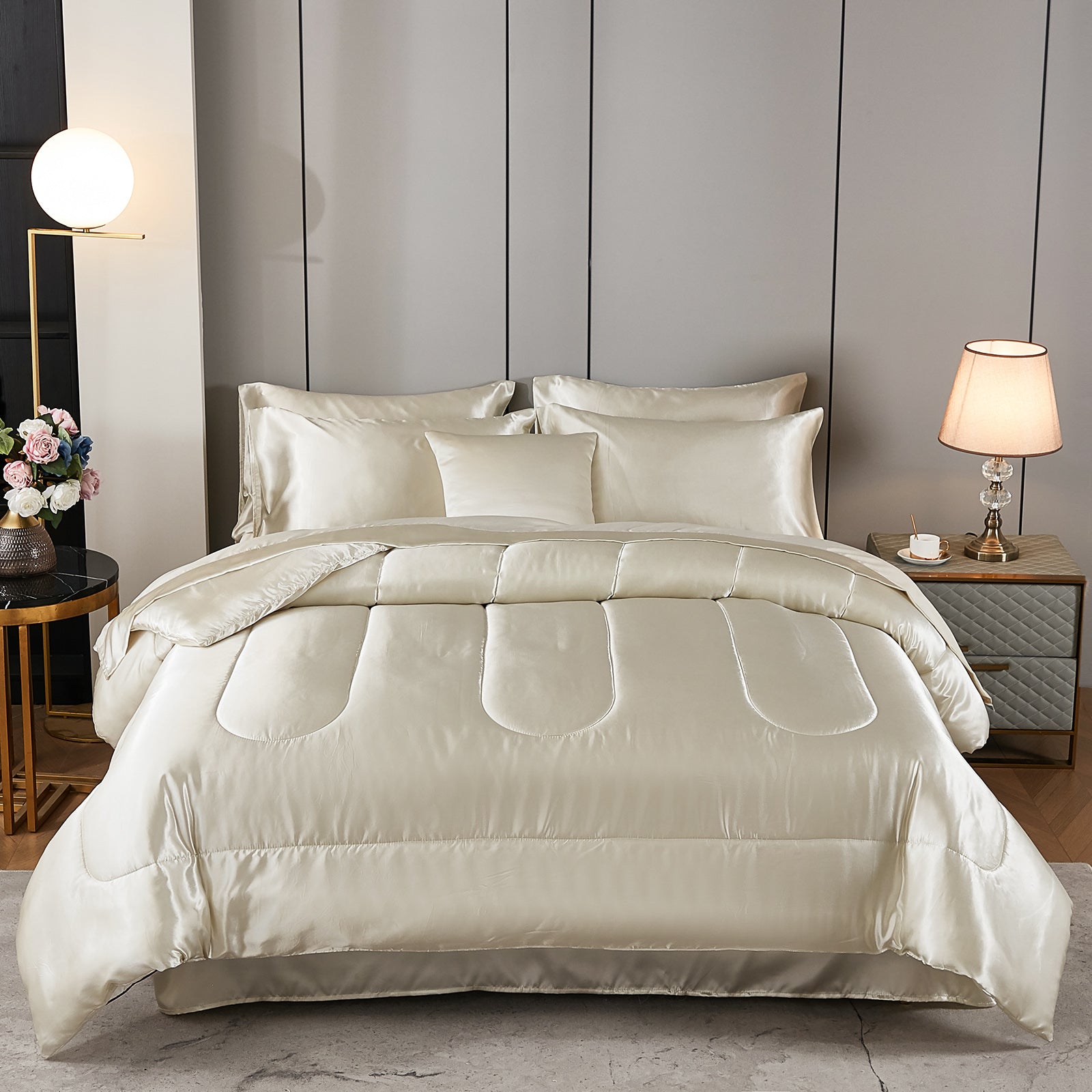 Satin Comforter Set with Sheet Set – 8-Piece Silk-Like Bed in a Bag, Luxury Soft Microfiber Bedding with Cushion Cover