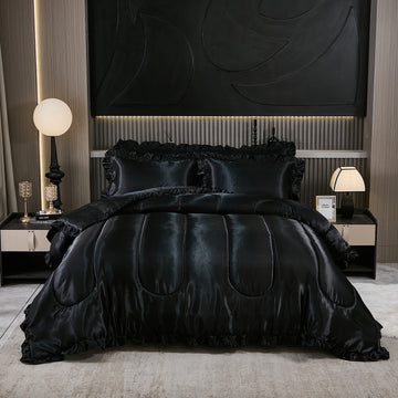 Satin Ruffle Comforter Set with Body Pillow Cover – 4-Piece Luxury Silk-Like Bedding, Soft Lightweight All-Season Quilt