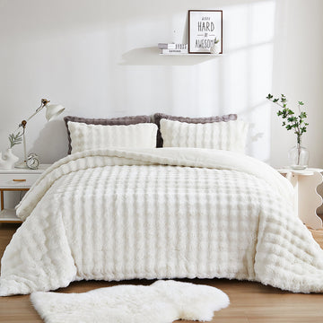 Rabbit Faux Fur Comforter Set, 3-Piece Plush Bubble Texture Bedding with Pillowcases, Soft Warm All-Season