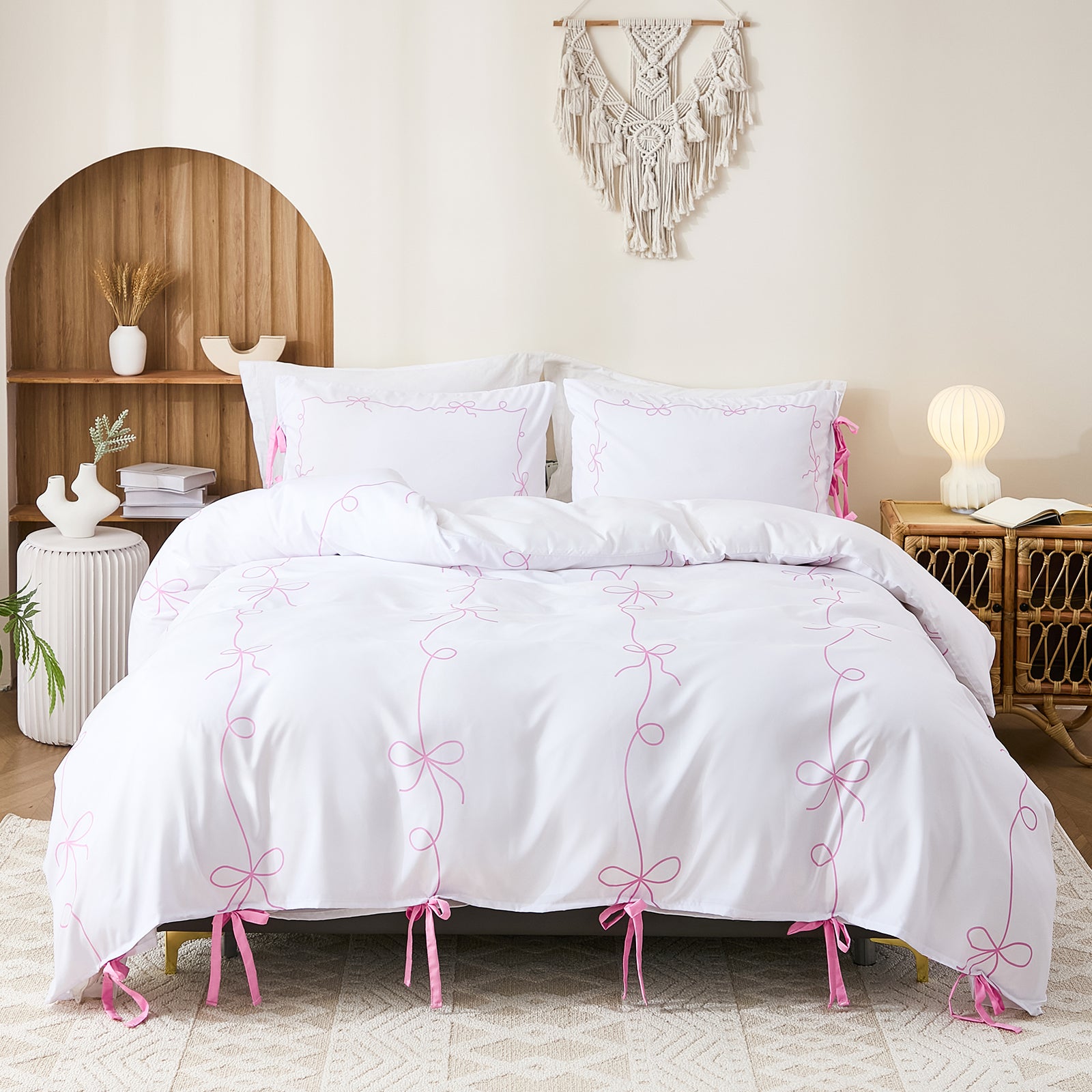 Bow Tie Duvet Cover Set – Romantic French Country Bedding with Butterfly Tie Pillowcases, Soft Breathable Microfiber, Twin/Queen/King
