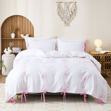 Bow Tie Duvet Cover Set – Romantic French Country Bedding with Butterfly Tie Pillowcases, Soft Breathable Microfiber, Twin/Queen/King
