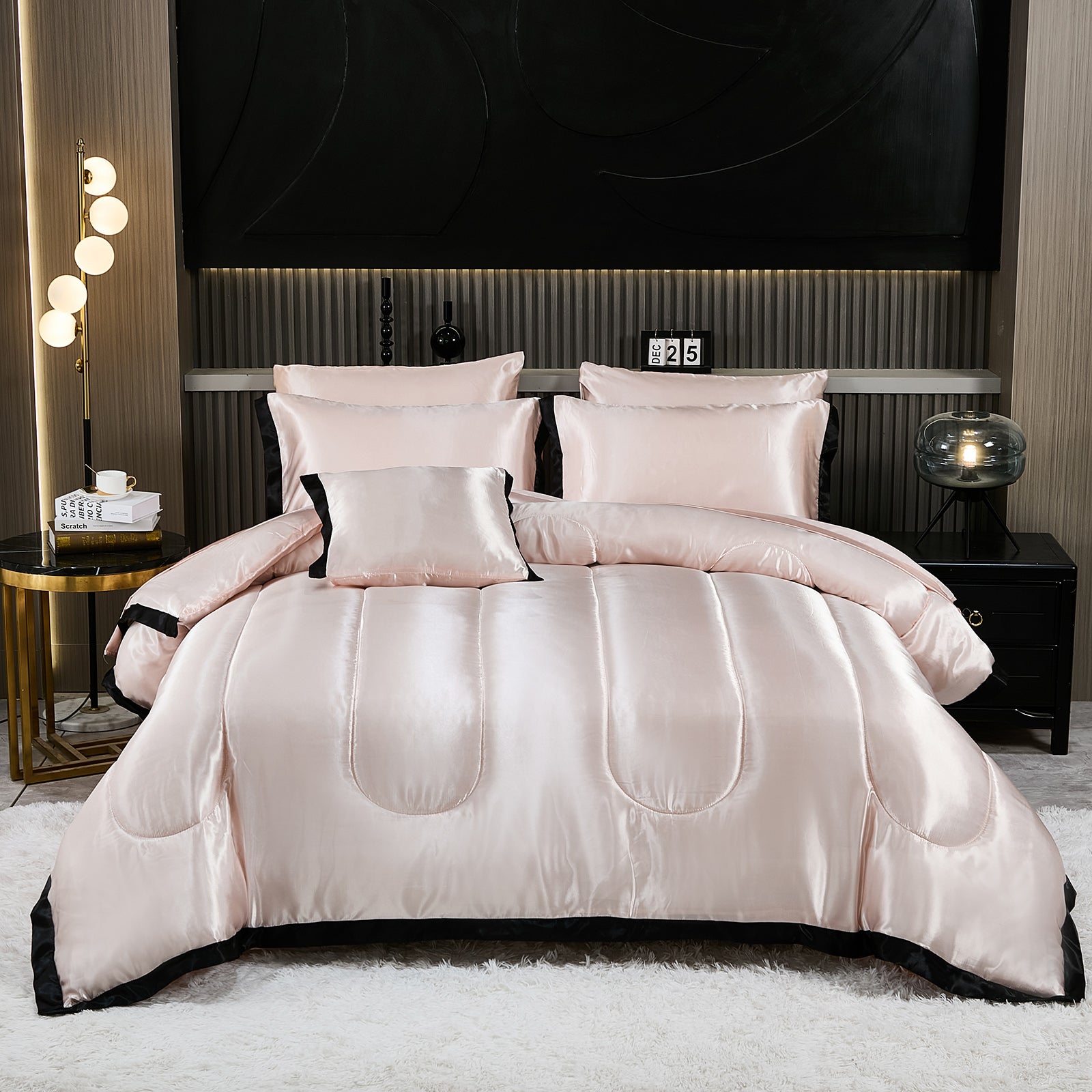Satin Comforter Set with Sheet Set-Like Bed in a Bag, Ruffle Pinch Pleat Bedding, Soft Luxury Hotel Satin Quilt Set with Cushion Cover