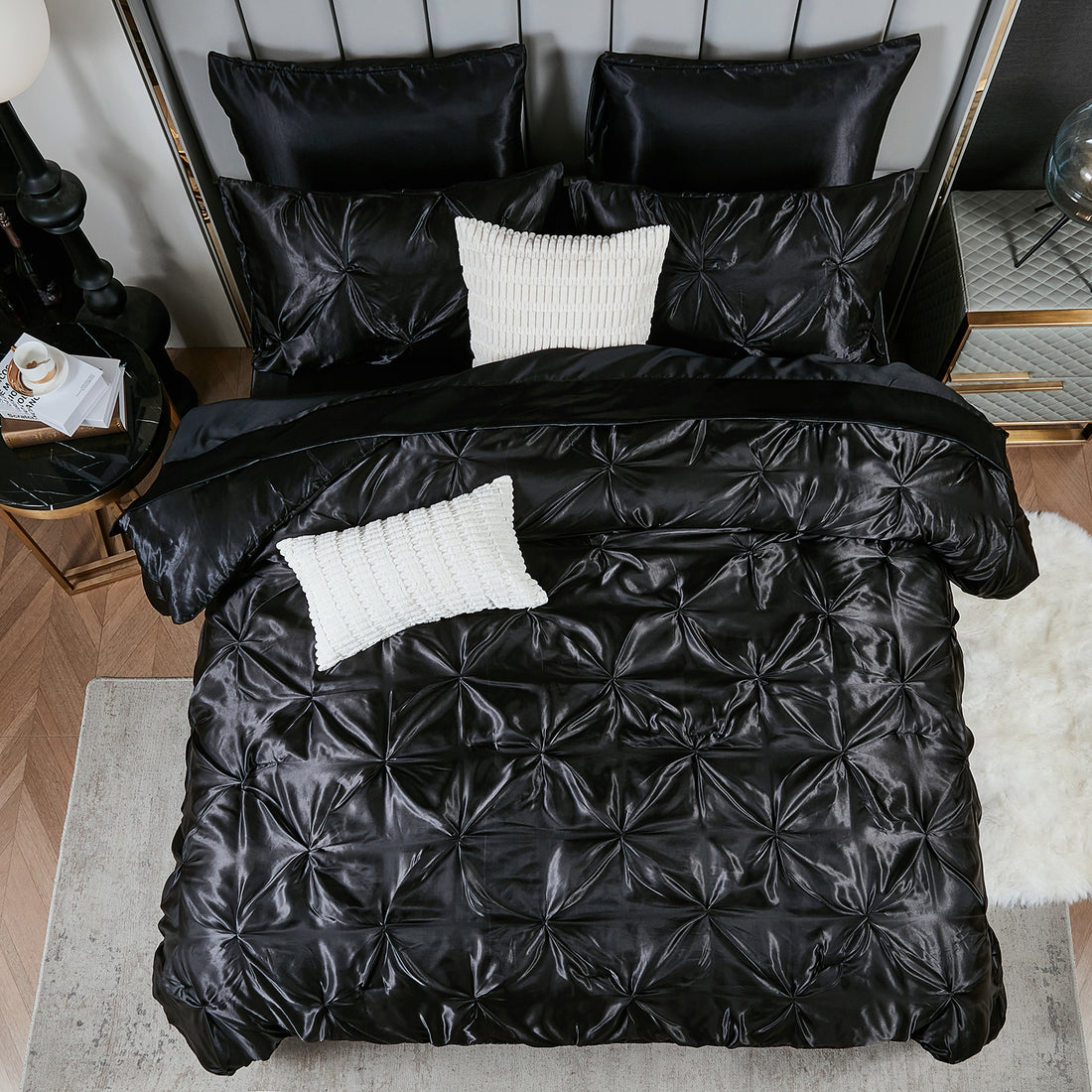 Satin Comforter Set Bed in a Bag – Pinch Pleat Luxury Bedding with Sheets, Pillowcases & Decorative Covers, Soft Silky Quilt, Twin/Full/Queen/King
