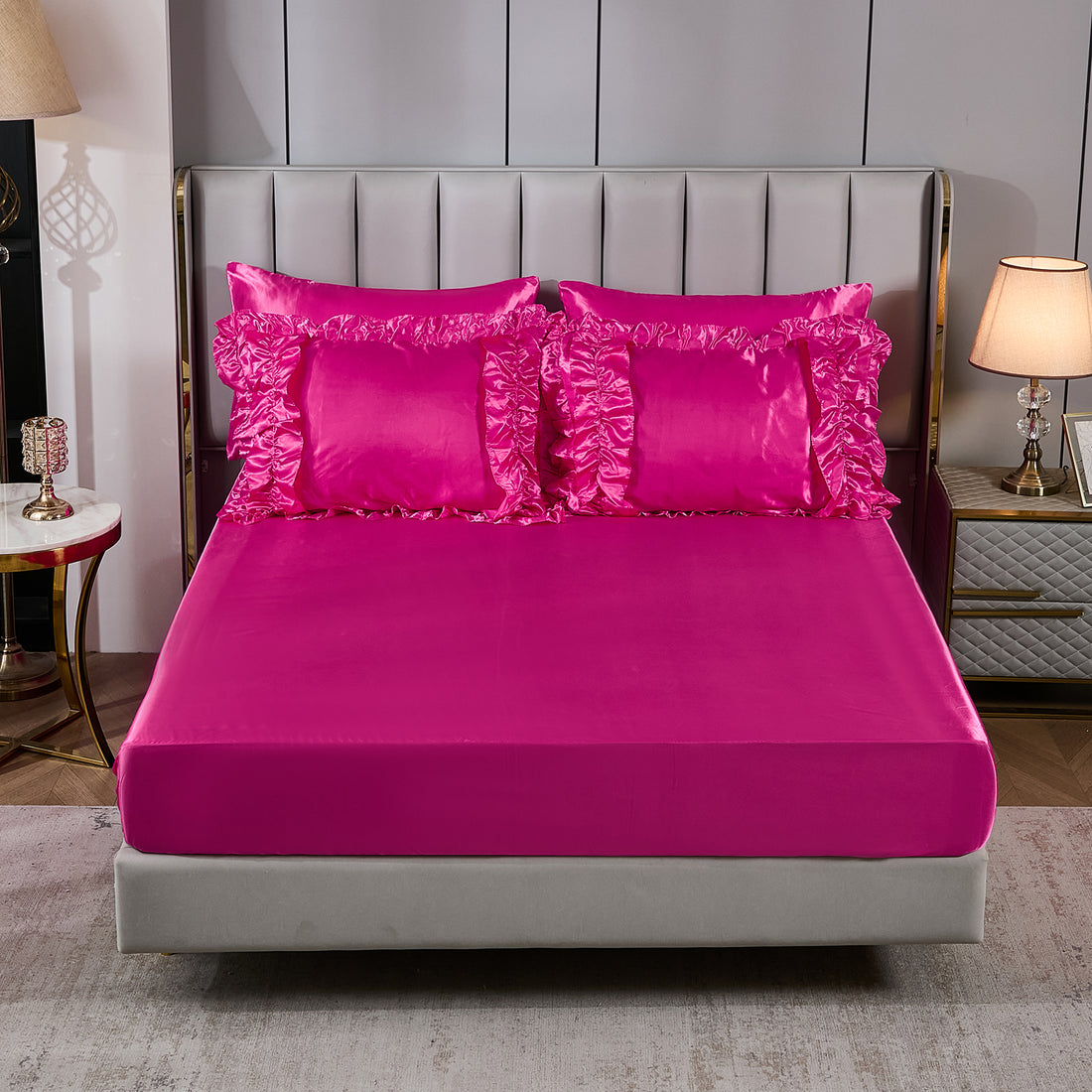 Satin Ruffle Comforter Set Bed in a Bag – 8-Piece Luxury Waterfall Farmhouse Bedding with Sheets, Pillowcases & Cushion Cover, King/Queen Options