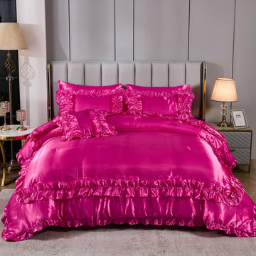 Satin Ruffle Comforter Set Bed in a Bag – 8-Piece Luxury Waterfall Farmhouse Bedding with Sheets, Pillowcases & Cushion Cover, King/Queen Options