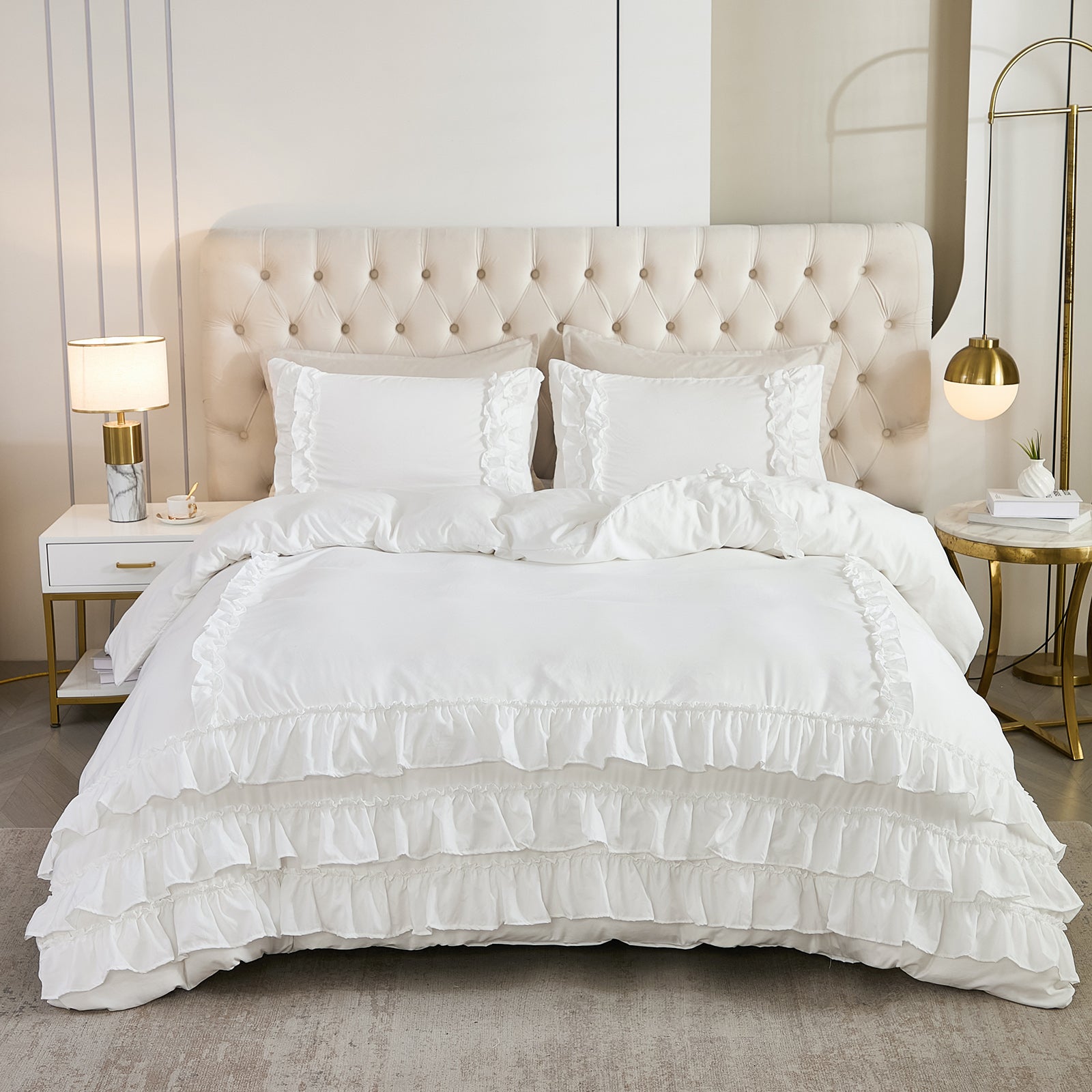 Waterfall Ruffle Comforter Set – 3-Piece Shabby Chic Farmhouse Bedding with Multi-Layer Ruffles, Soft Lightweight Microfiber Quilt, Queen/King
