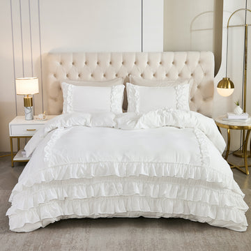 Waterfall Ruffle Comforter Set – 3-Piece Shabby Chic Farmhouse Bedding with Multi-Layer Ruffles, Soft Lightweight Microfiber Quilt, Queen/King