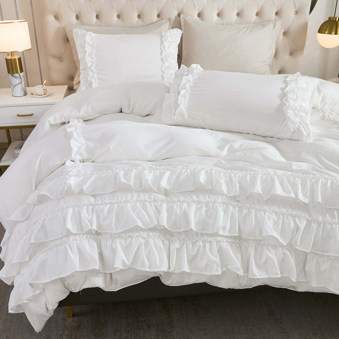 Waterfall Ruffle Comforter Set – 3-Piece Shabby Chic Farmhouse Bedding with Multi-Layer Ruffles, Soft Lightweight Microfiber Quilt, Queen/King