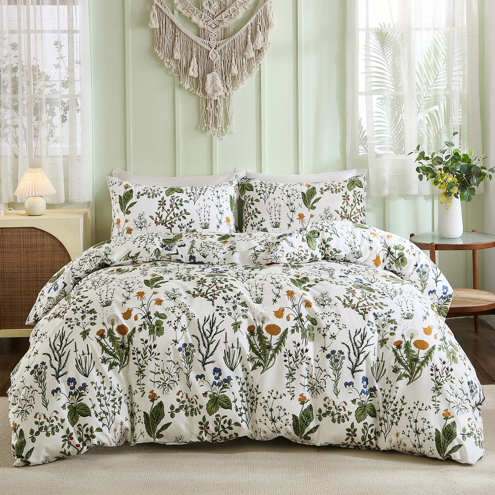 Cotton Duvet Cover Set – 100% Washed Cotton Reversible Floral Bedding with Zipper Closure, Soft Breathable 3-Piece Set for All Seasons