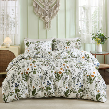 Cotton Duvet Cover Set – 100% Washed Cotton Reversible Floral Bedding with Zipper Closure, Soft Breathable 3-Piece Set for All Seasons