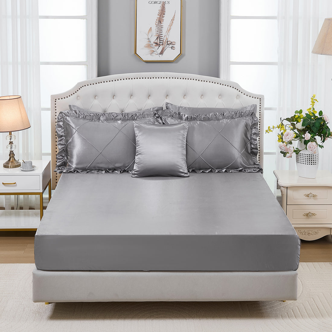 Satin Comforter Set with Sheet Set – Like Bed in a Bag, Ruffle Pinch Pleat Bedding, Soft Luxury Silky Quilt Set with Cushion Cover