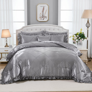 Satin Comforter Set with Sheet Set – Like Bed in a Bag, Ruffle Pinch Pleat Bedding, Soft Luxury Silky Quilt Set with Cushion Cover