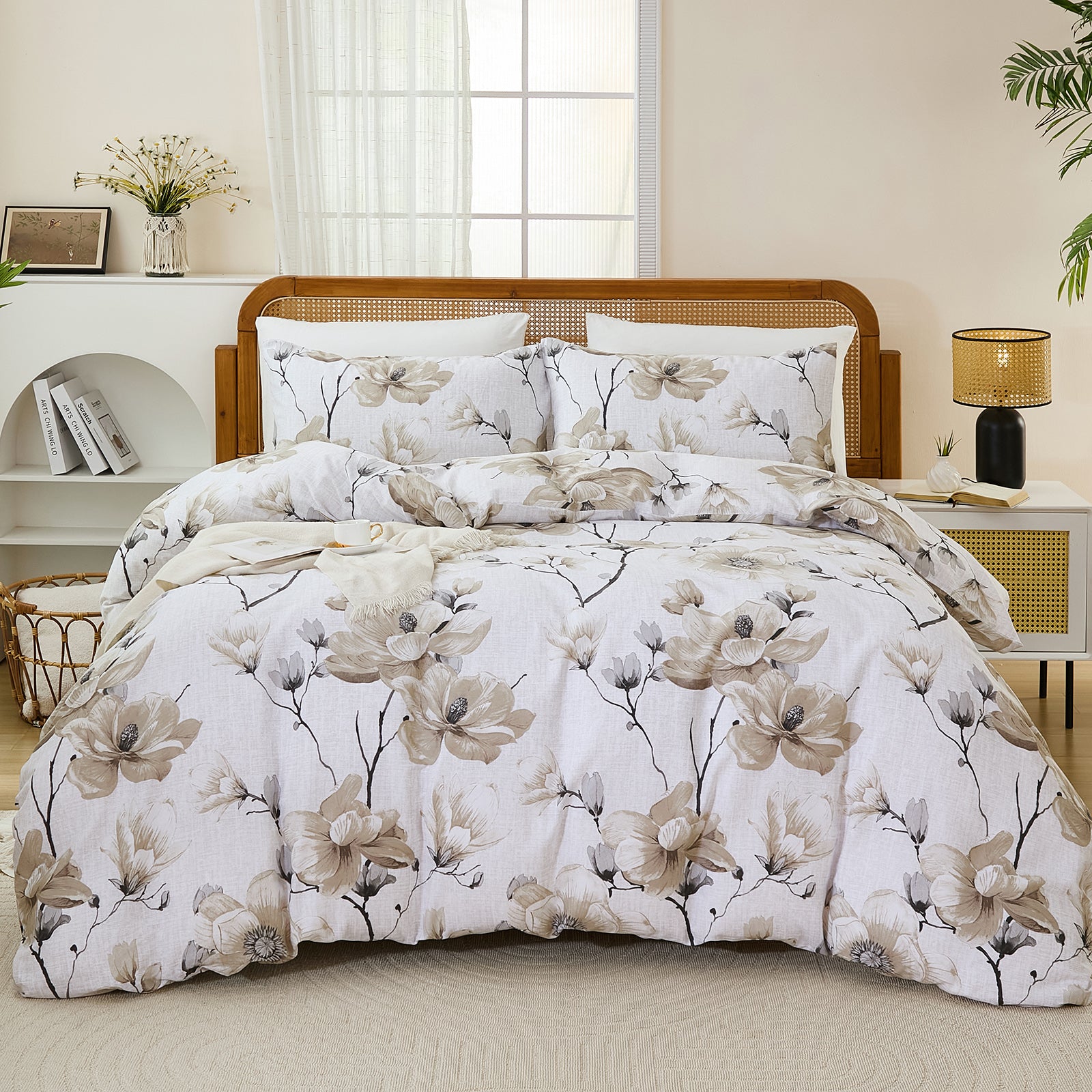 Floral Cotton Duver Cover– 100% Cotton Bedding Set with Elegant Botanical Print, Soft Lightweight All Season Bed Cover, King/Queen