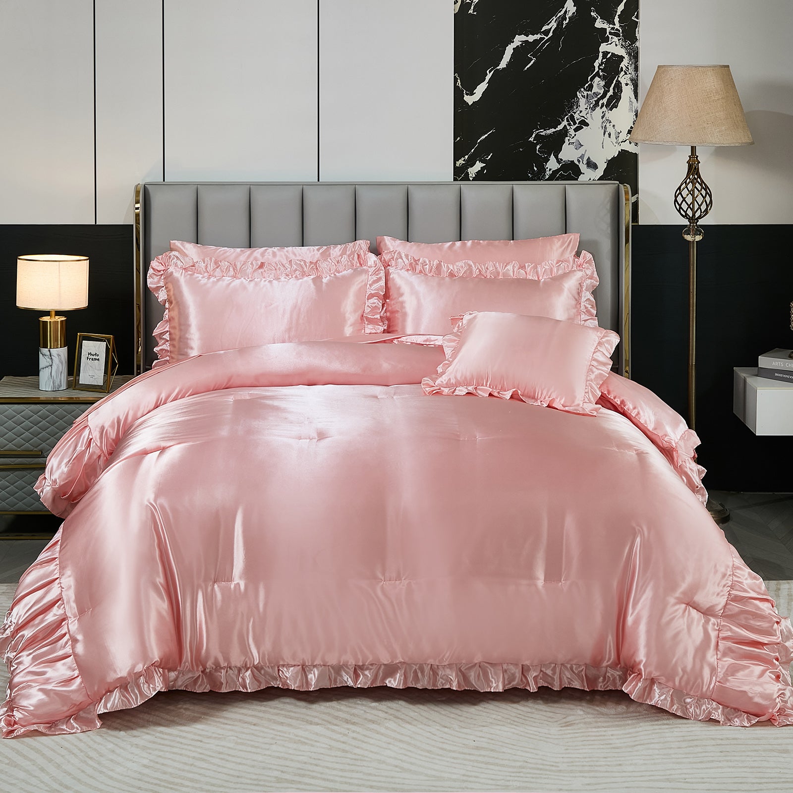 Satin Ruffle Comforter Set with Sheets – 8-Piece Bed in a Bag, Ruched Pleated Luxury Bedding with Pillowcases & Cushion Cover, Queen/King