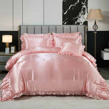 Satin Ruffle Comforter Set with Sheets – 8-Piece Bed in a Bag, Ruched Pleated Luxury Bedding with Pillowcases & Cushion Cover, Queen/King