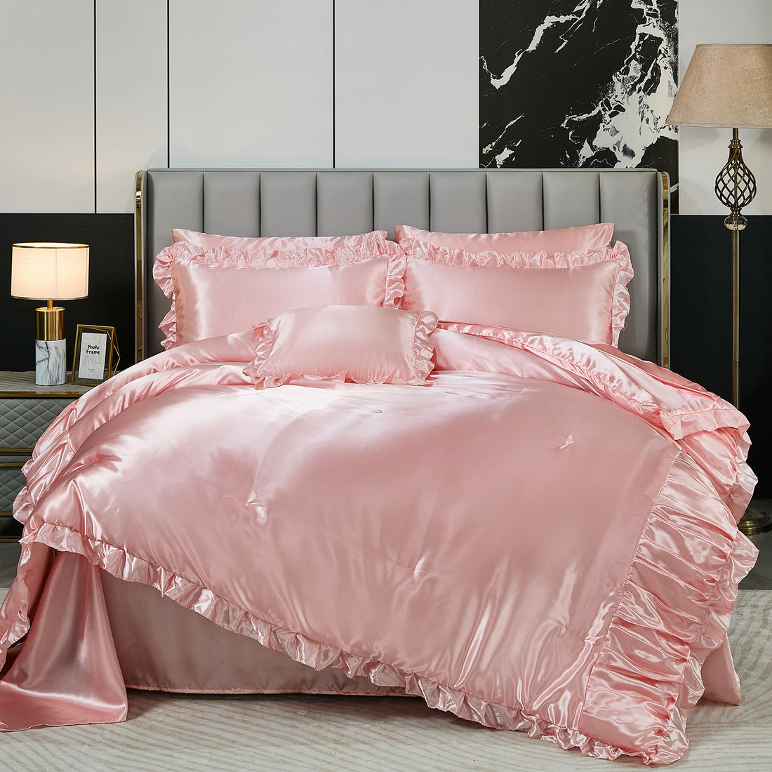 Satin Ruffle Comforter Set with Sheets – 8-Piece Bed in a Bag, Ruched Pleated Luxury Bedding with Pillowcases & Cushion Cover, Queen/King