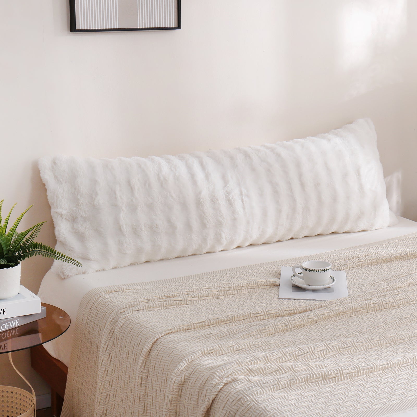 Faux Fur Body Pillow Cover – Super Soft Plush Long Pillowcase with 3D Plaid Striped Design, Cozy Fuzzy Decorative Bedding, 20x54 Inches