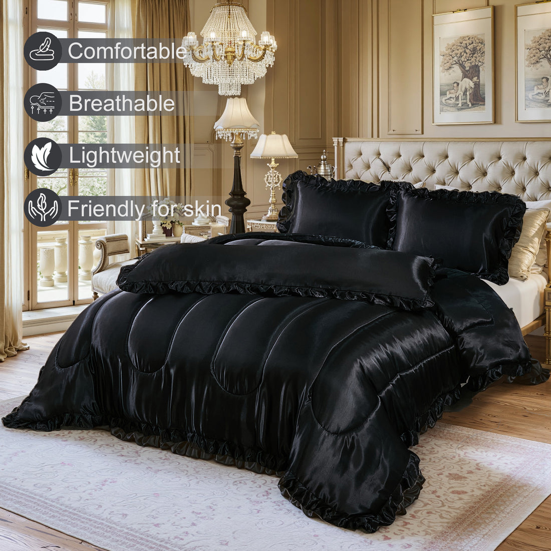 Satin Ruffle Comforter Set with Body Pillow Cover – 4-Piece Luxury Silk-Like Bedding, Soft Lightweight All-Season Quilt