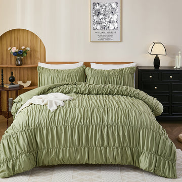 Cotton Ruched Comforter Set – 3-Piece Boho Bedding with Cinched Ruffle Texture, Soft Breathable All-Season Quilt